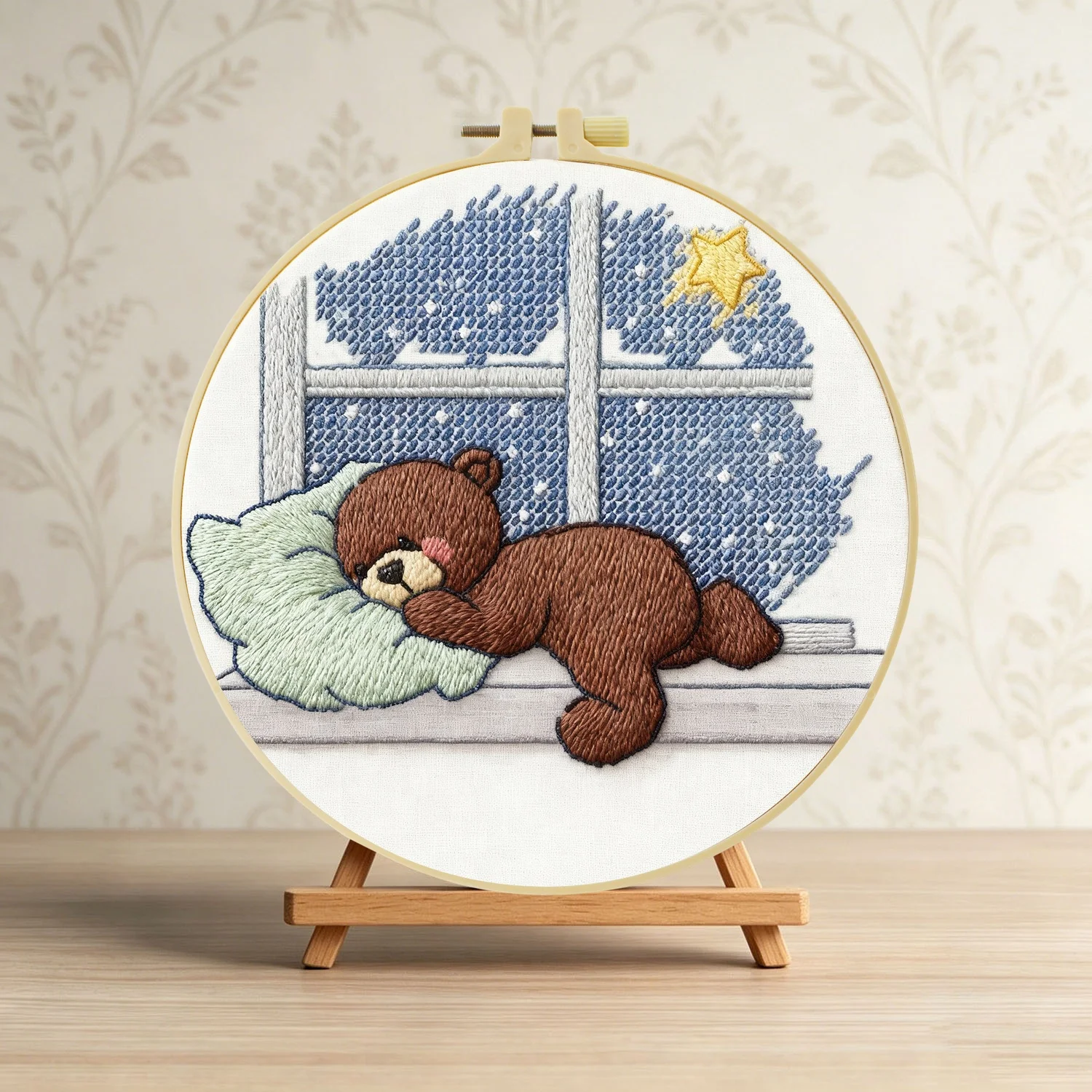 Schlafender Bär auf der Fensterbank 1 Stück DIY Stickerei-Material-Set für Anfänger Stickerei-Starter-Kit Kreuzstich-Kunst als Geschenk Nadel – Detail 4