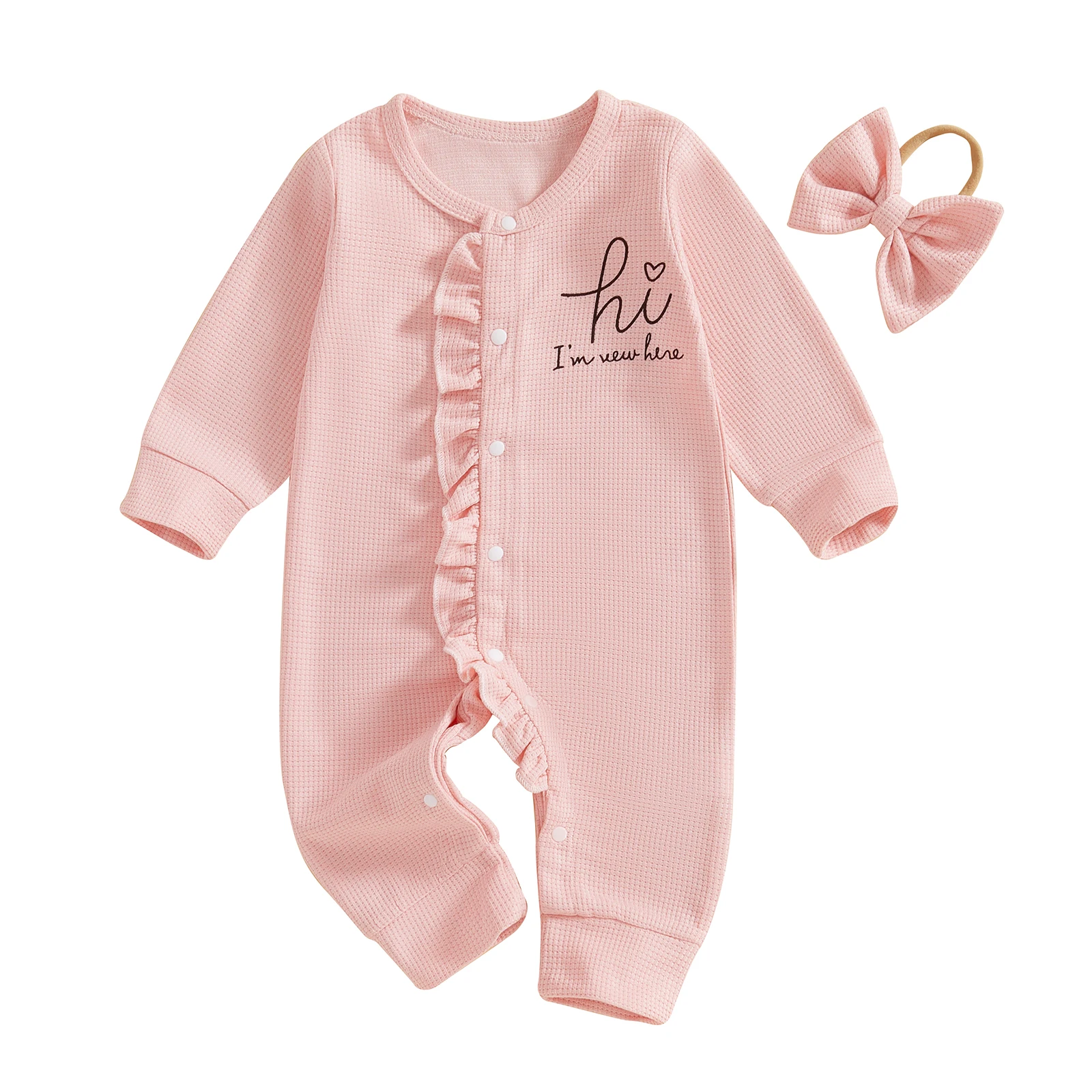 

Newborn Baby Girl Ruffled Romper Autumn Cute Letter Print Long Sleeve Crew Neck Full Lenth Jumpsuit with Bow Headband Outfit