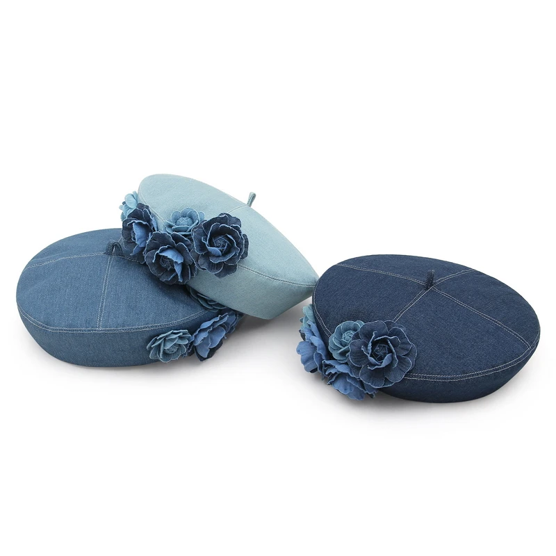 GEMVIE Flower Denim Beret Hats Spring Autumn Female Trendy Women Casual Cotton Painter Artist Caps