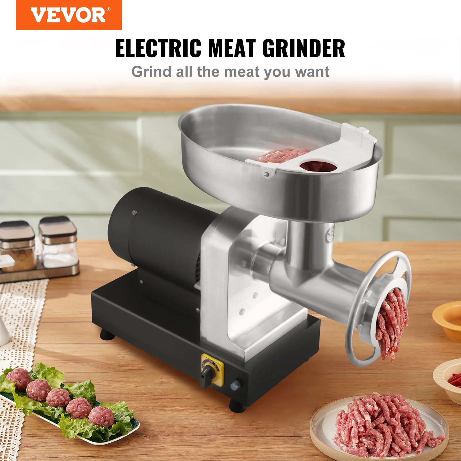 VEVOR 992 Lb/H Electric Meat Grinder Carbon Steel industrial Meat Mincer w/ 2 Blade 3 Grinding Plates Sausage Maker & Kubbe Kit