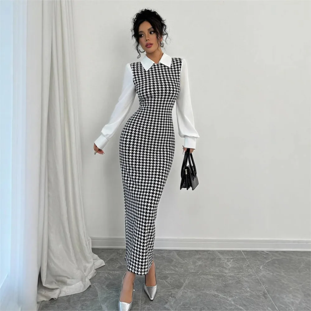 

Elegant Slim Fashionable Long Dress Houndstooth Spring Summer Commuter Style Fake Two-piece Long-sleeved Lapel Waist Long Dress