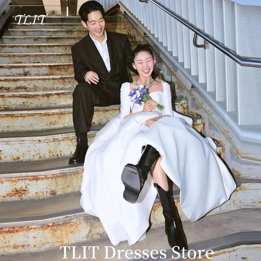 

TLIT White Satin A-Line Wedding Reception Dresses Photo Shoot Square Collar Long Sleeves Bridal Gown Customized Zipper Dresses