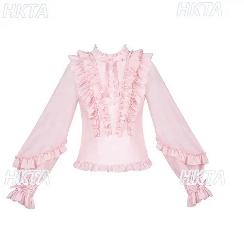 

Sweet Elegant 2026 Spring New Lantern Long Sleeved Kawaii Lolita Pleated Bow Shirts Top Waist A Line Black Mid Skirt Sets Women