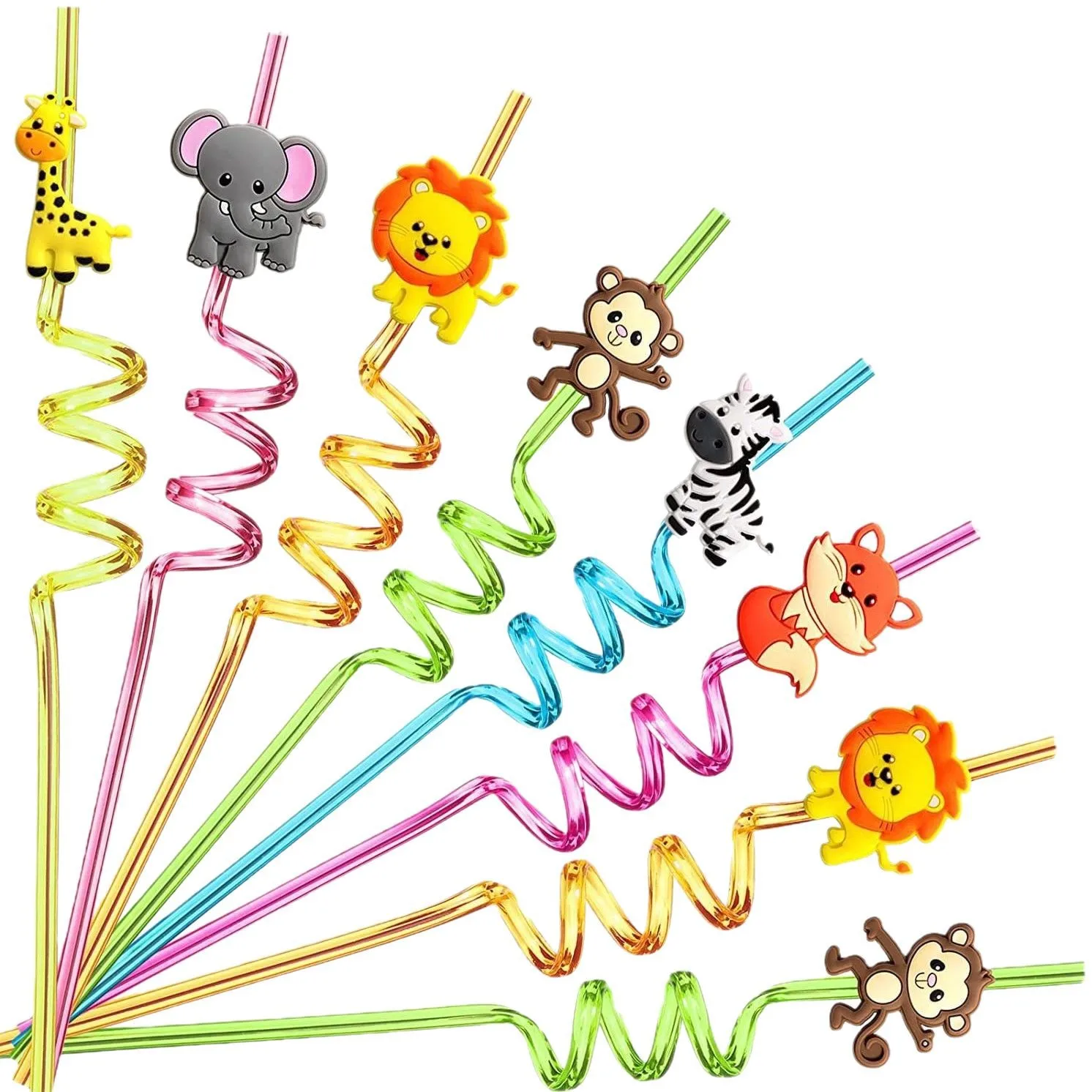 10/20/30PCS Jungle Animal Plastic Straws Reusable Lion Fox Zebra Giraffe Wild Safari Birthday Party Supplies Forest Party Favors