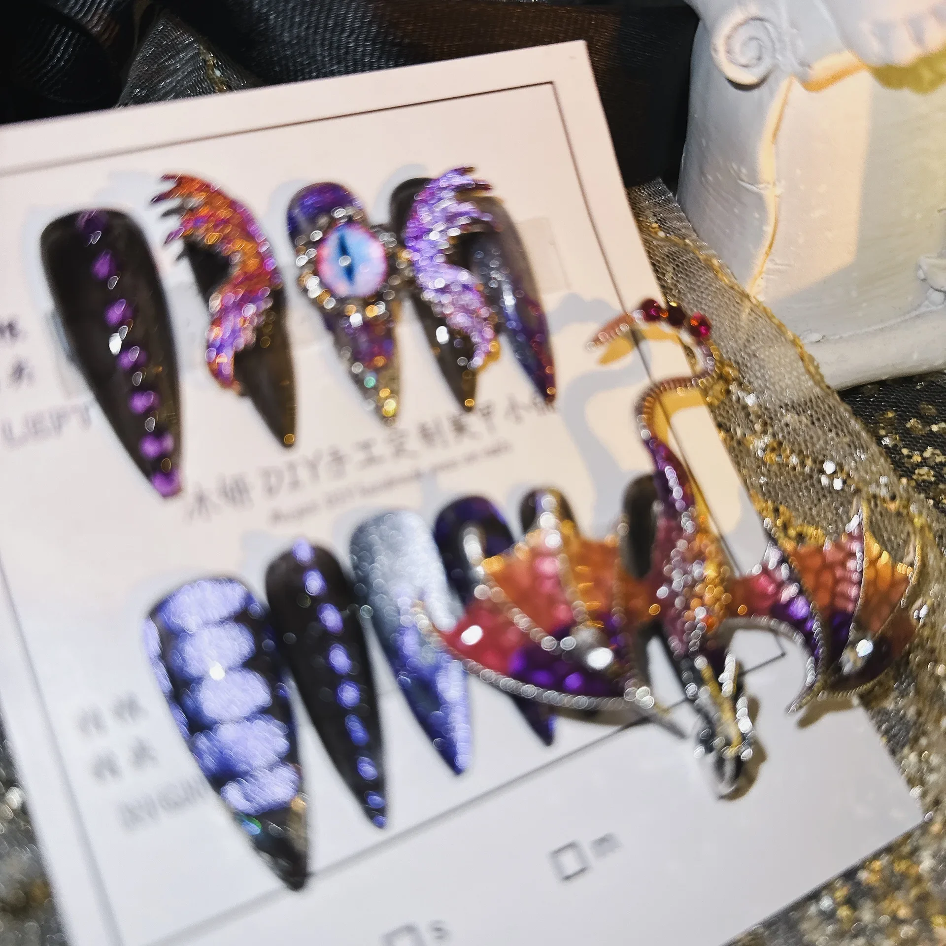 

Handmade Press on Nails Heavy Industry Pure Hand-painted Purple Emperor Dragon Exaggerated Super Cool Spicy Girl European Americ