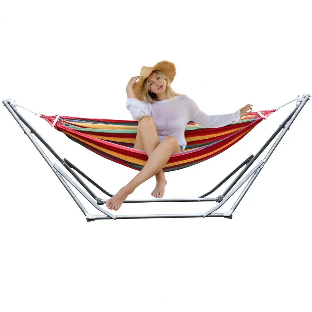 Double Hammock with Space Saving Metal Stand and Carrying Bag, Indoor Hammock Stand, Strong Load-Bearing, Striped Print, Dual-ba