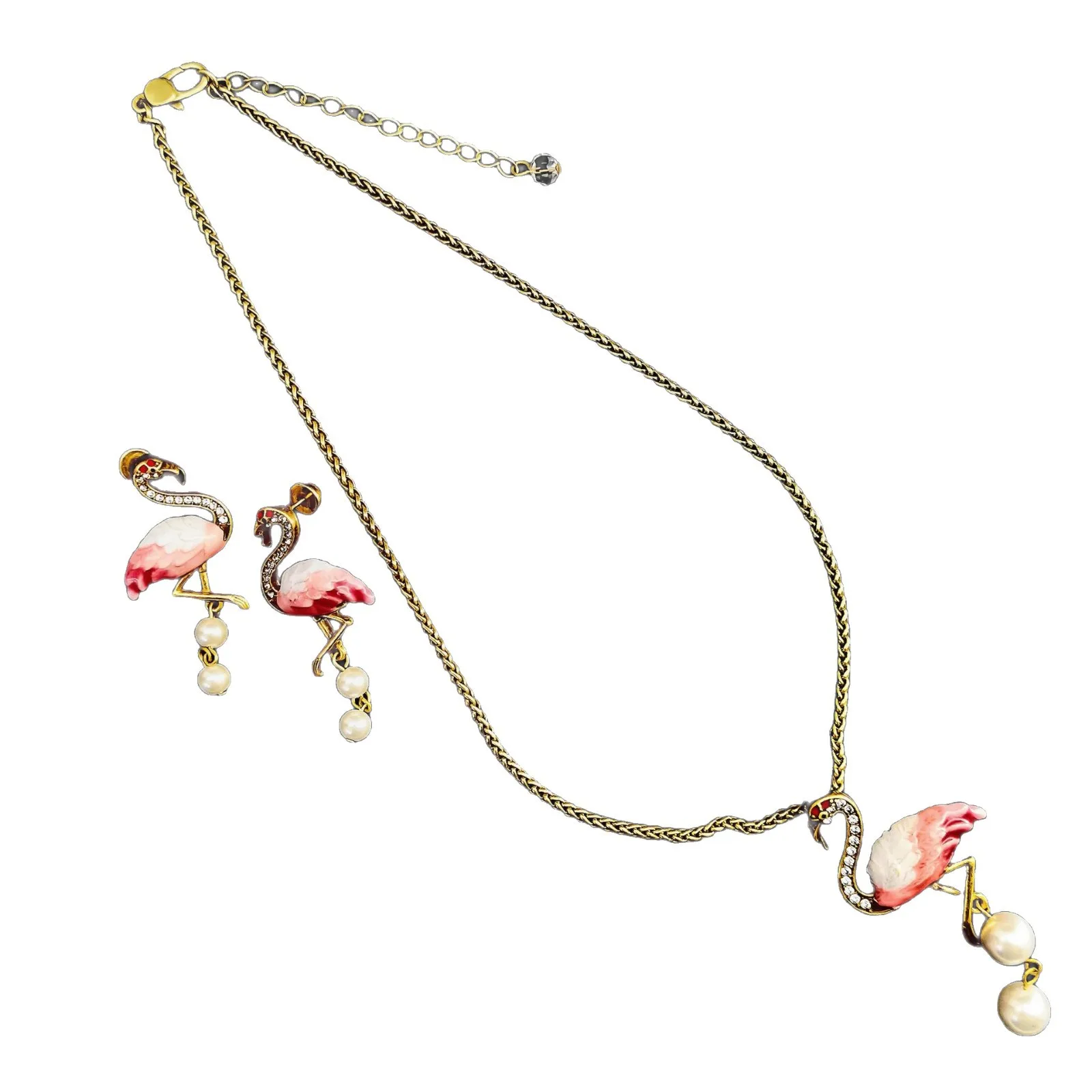 

Kitykiss European and American enamel zirconium flamingo pearl necklace stud earrings set, women's unique jewelry