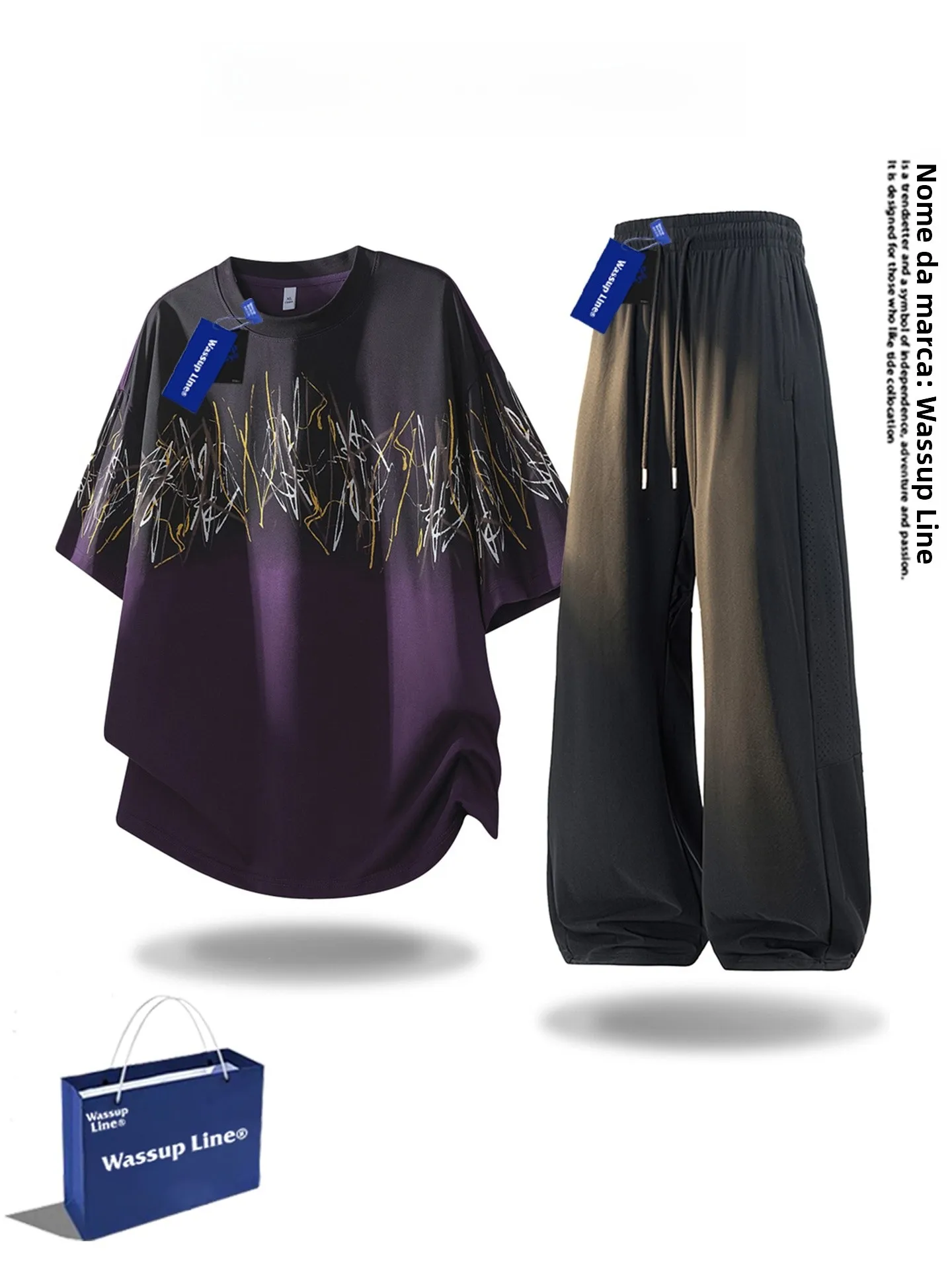 wassup-line-casual-sportswear-set-men's-summer-gradient-short-sleeve-t-shirt-straight-leg-long-pants-two-piece-suit