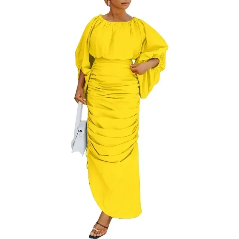 

2024 African Dresses for Women Africa 3/4 Lantern Sleeve White Yellow Pleat Long Maxi Dress Party Evening Gowns Outfits S-3XL