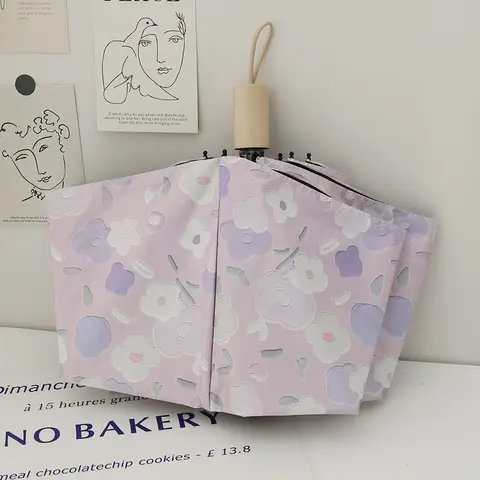 보라색 유화 꽃 태양 우산, 완전 자동 우산, 블랙 접착제 태양 보호, 자외선 차단, 햇빛 및 비 오는 접이식