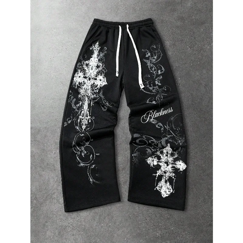 2026 Trendy Gothic Punk Vintage Streetwear Women's Men Cross Straight Long Pants Casual Wide-Leg Joggers Loose Hip Hop Unisex