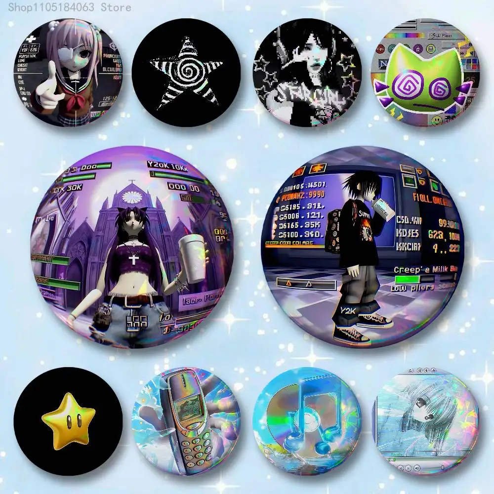 

Y2K Style Icon Enamel Pin Tinplate Round Brooch Cosplay Nijigen Otaku Culture Badges 58mm 44mm 32mm 75mm 25mm