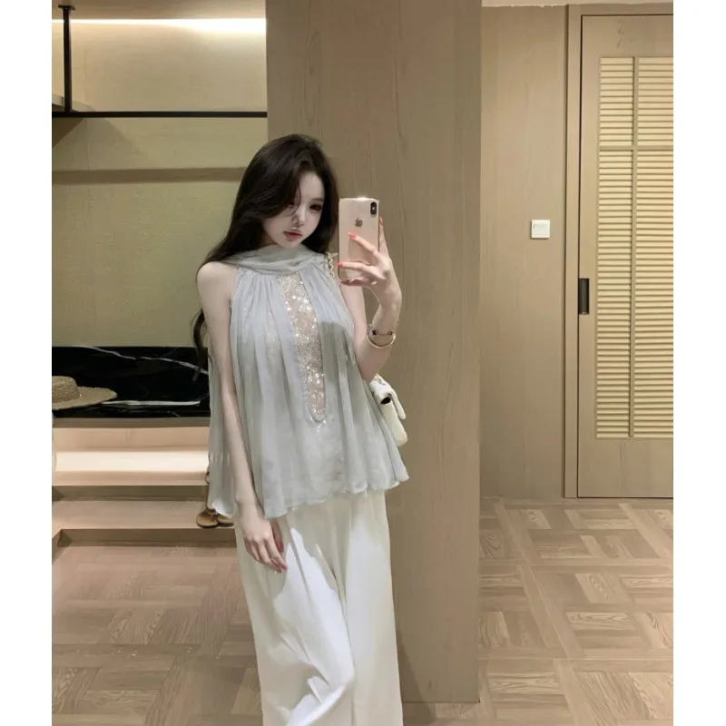 

Ele Lace Splice Svel Waist-Cinched Top Loose Casual Pants Set Women Summer New Sle Versatile Comfortable round Ne