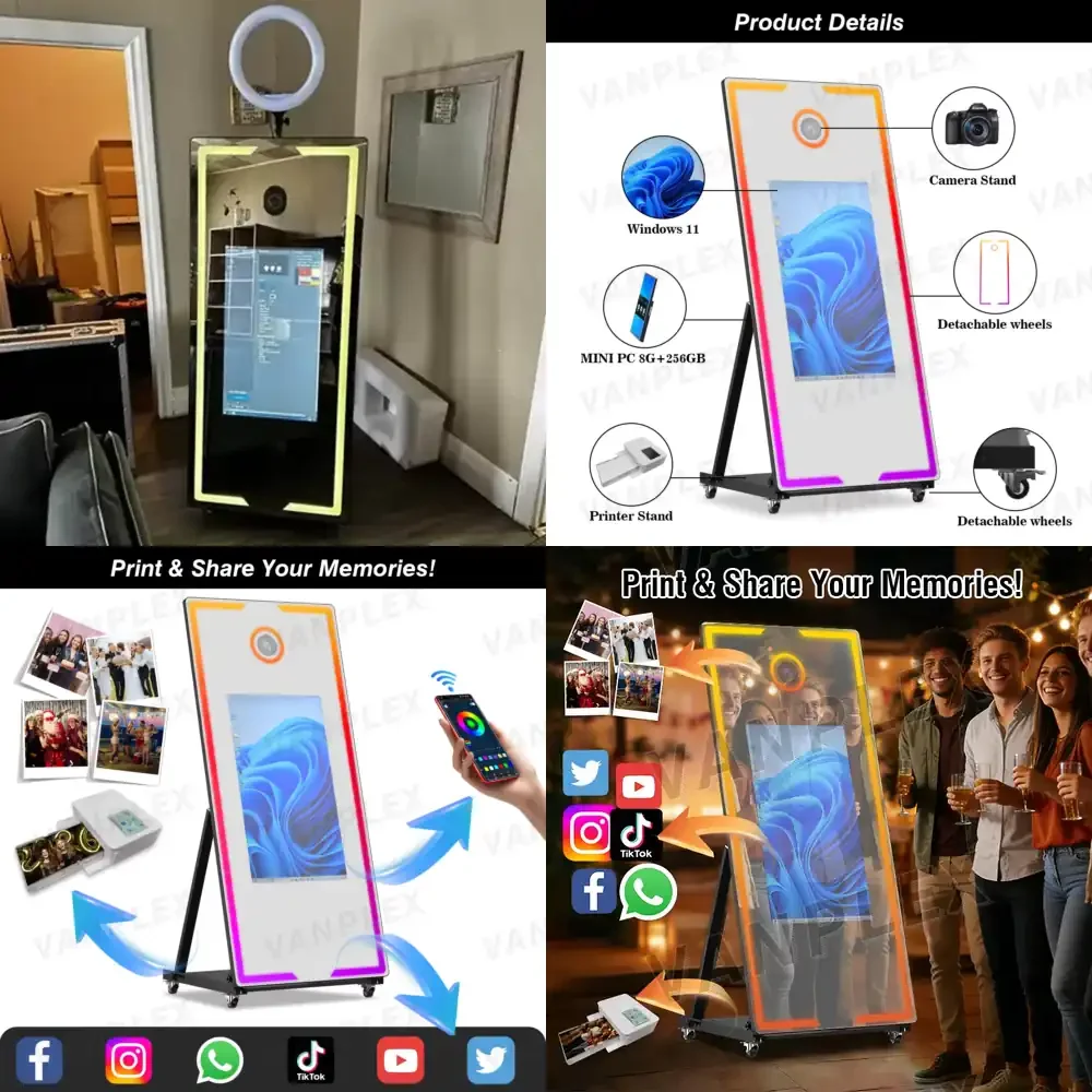 

65-дюймовая фотобудка с сенсорным экраном и стеклянным корпусом для камер Hiti с функцией мгновенной печати, металлический каркас и транспортировочный кейс