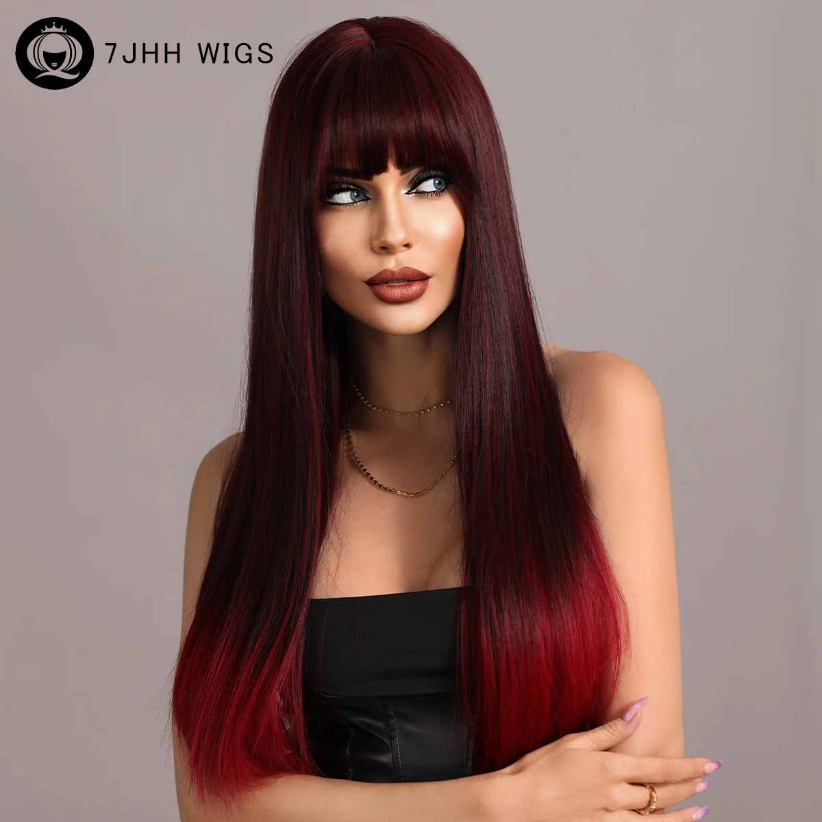 7JHH WIGS Long Straight Wigs with Bang Ombre Dark Red Black Synthetic Hair Wig for Women Daily Cosplay Party Heat Resistant Hair