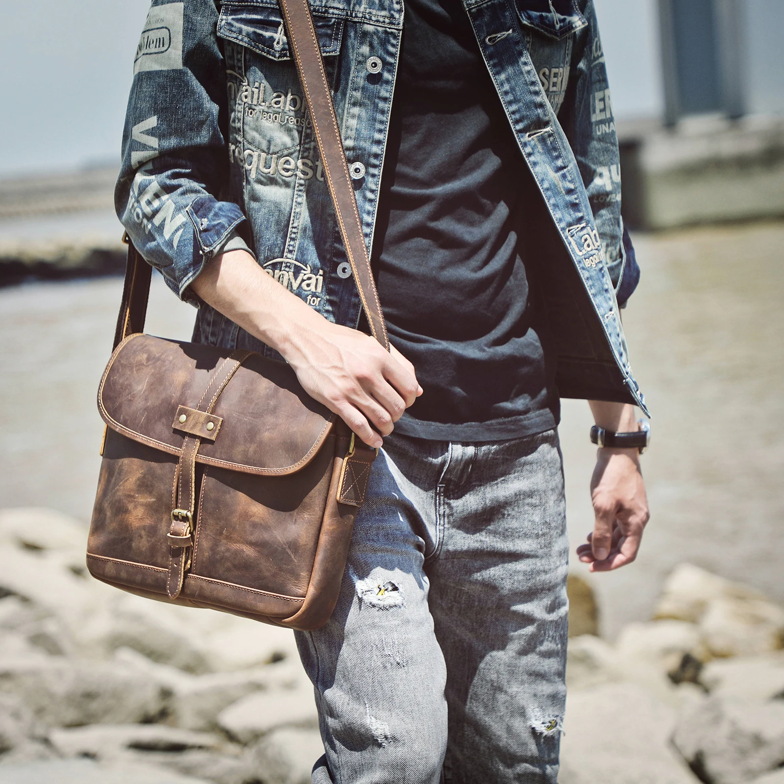 Echte Leder-Umhängetasche 11" Vintage Herren-Umhängetaschen Crazy Horse Leder Schultertasche Rindsleder Retro Mode Casual Pre – Detail 3