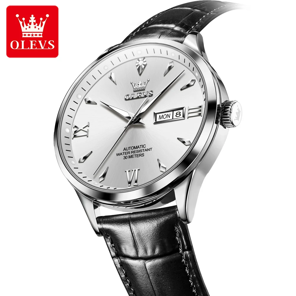 

OLEVS 9956 Автоматические часы для мужчин, элитный бренд, оригинальный кожаный ремешок, водонепроницаемые светящиеся мужские деловые наручные часы с двойным календарем