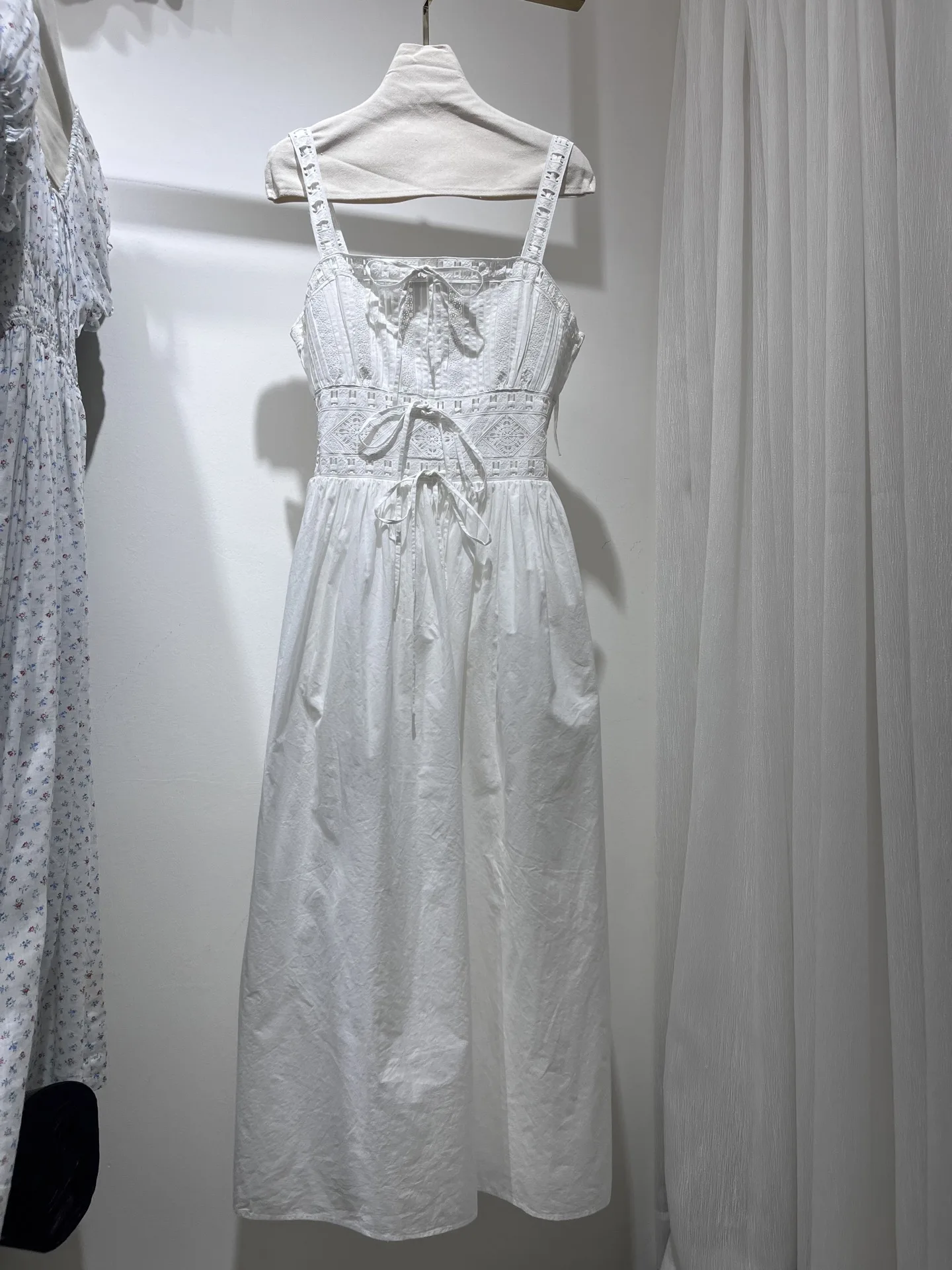 

2025 New Women White Sling Cotton Dress Embroidery Hollow Out Sleeveless Elastic Waist Casual Ladies Robe