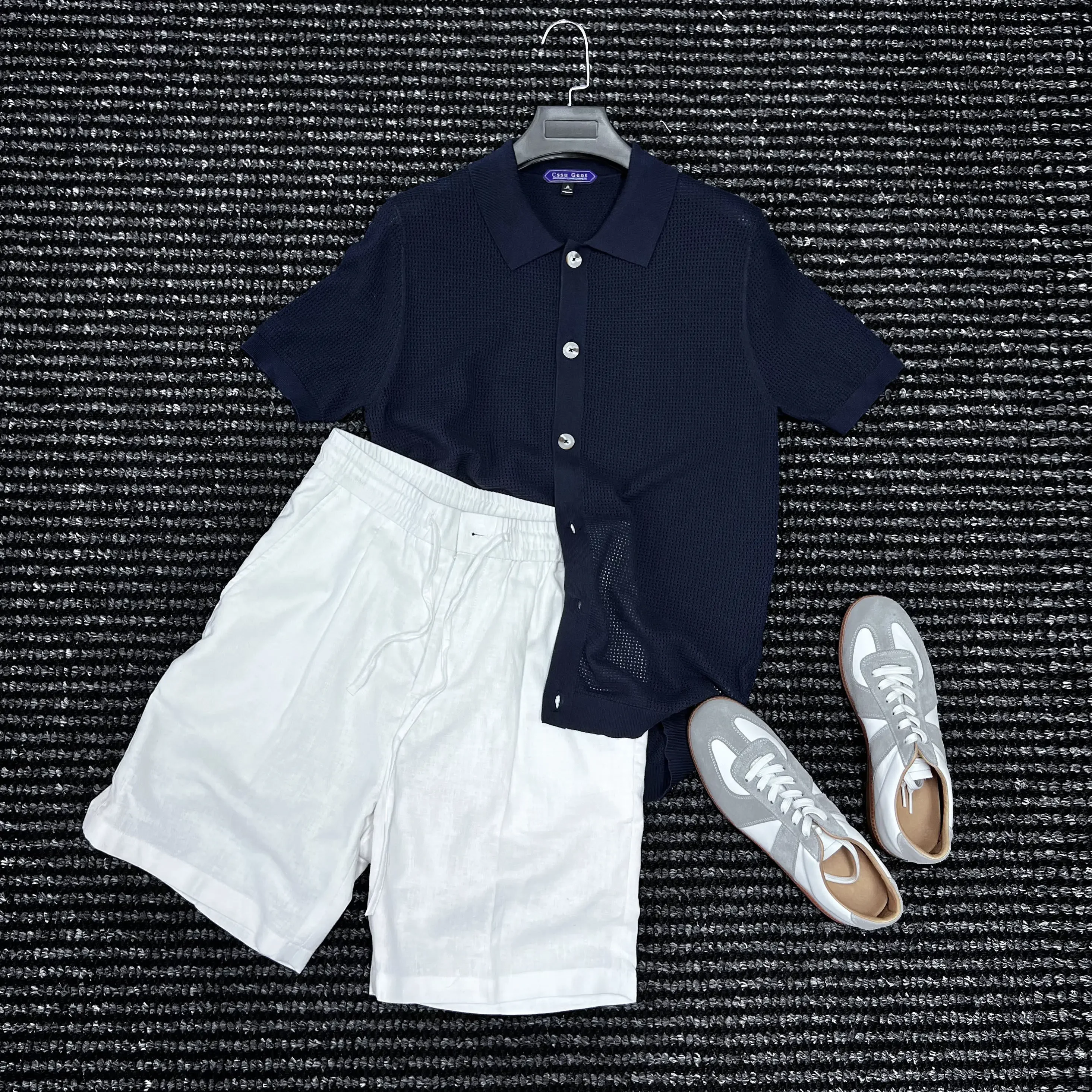 

Summer, old money style texture knitted short-sleeved cardigan men's casual elegant versatile pure cotton Polo