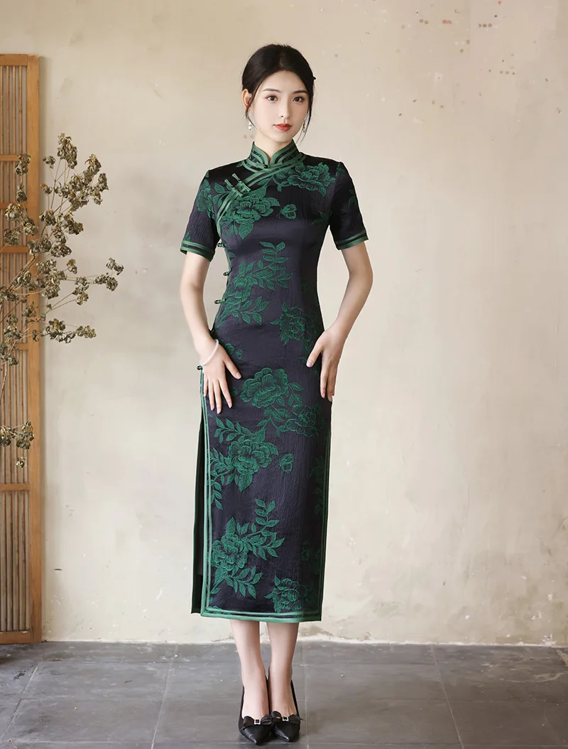 

FZSLCYIYI Traditional Chinese Handmade Buttons Qipao Mandarin Collar Jacquard Satin Cheongsam Daily Evening Dress