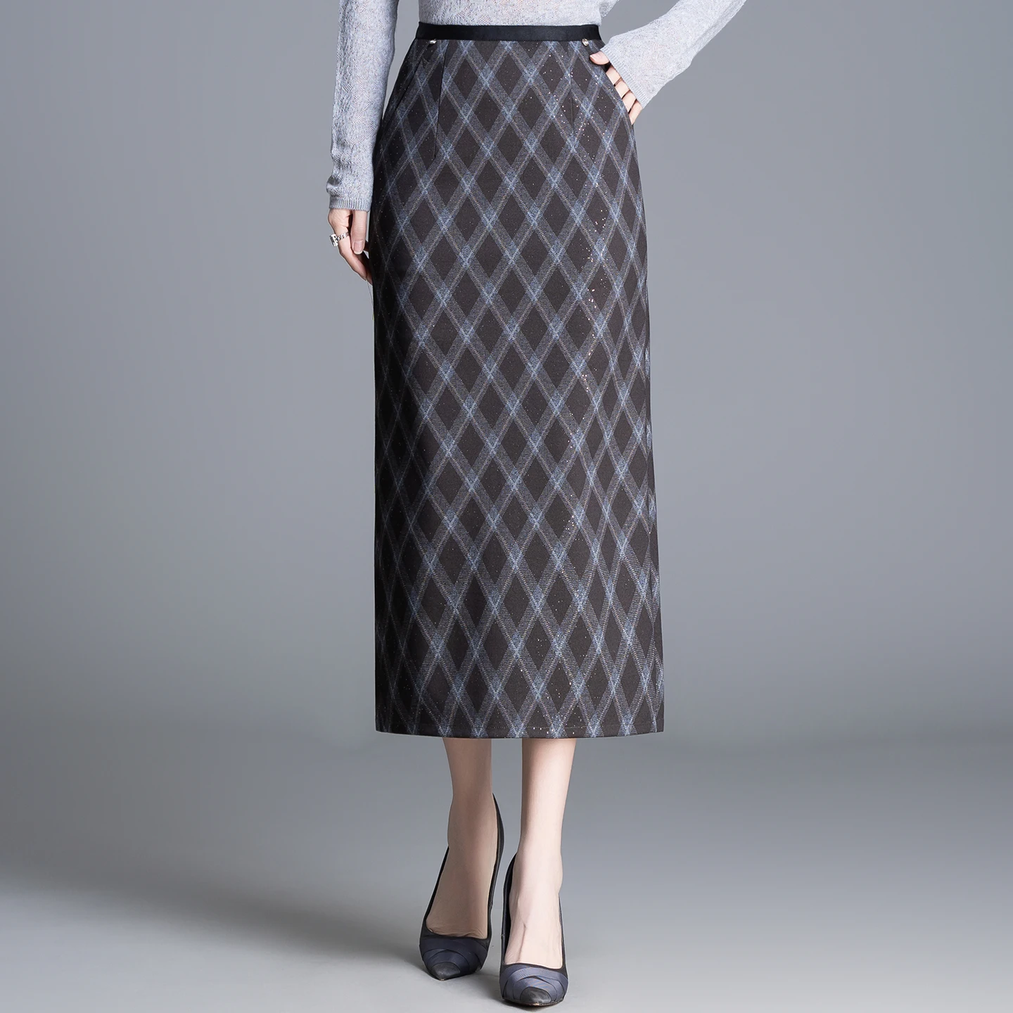 

High Waist Slim Fit Plaid Sequin Wrap around Midi Skirt Commute Faion Slim Straight Long Skirt Early Spring Sle Women's S...