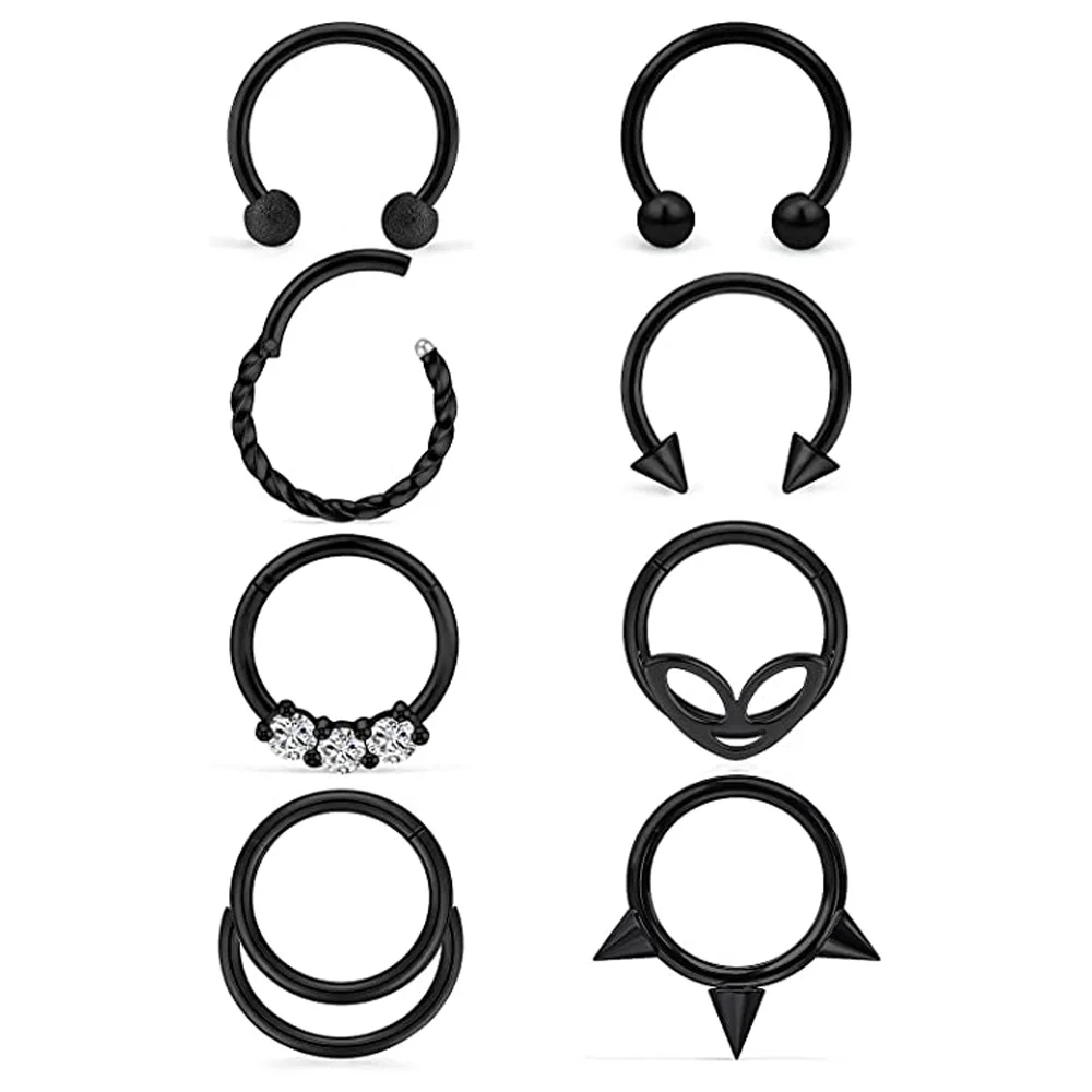 Septum Rings Hoop Nose Ring Horseshoe Stainless Steel Cartilage Earrings Helix Tragus Alien Clicker Piercing Jewerly Black