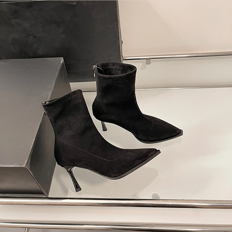 Pointed Toe Women's High Heel Ankle Boots Elegant Dancing Party Shoes 2026 New Spring Autumn Women's Stretch Slim Short Booties view 5