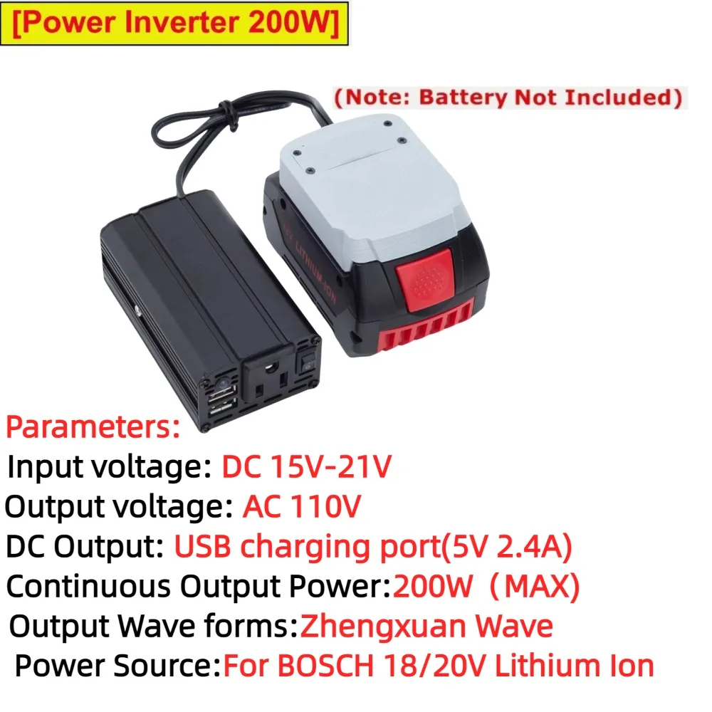 200W Portable Power Inverter Outlet Adapter For BOSCH 18/20V Lithium Ion, DC 15-21V To AC 110V Powered with Dual USB 5V 2.4A