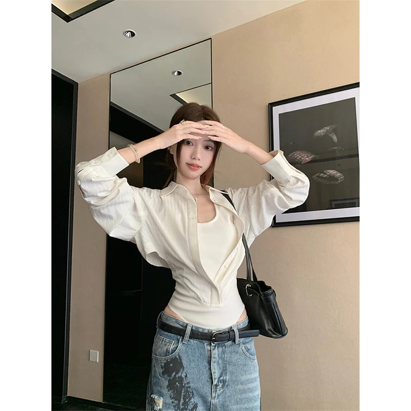 

MEXZT Y2K Striped Shirts Women Fashion Sexy Patchwork Bodysuits Gyaru Streetwear Korean Long Sleeve Slim Design Blouses Tops New
