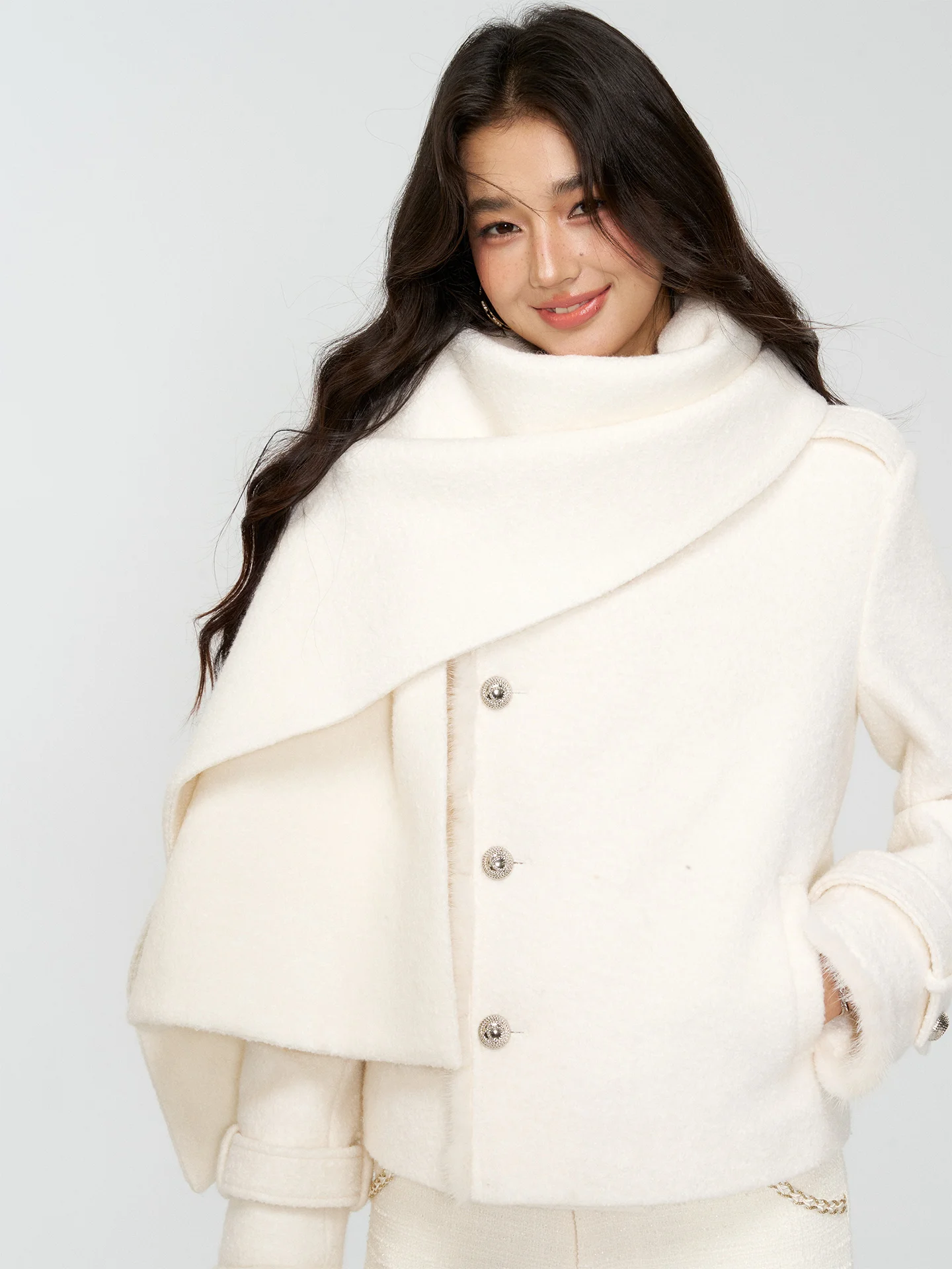 

Original Design White Furry High Collar ort Coat Ele Autumn Winter Polyester Wool Blend Quali Women's Top