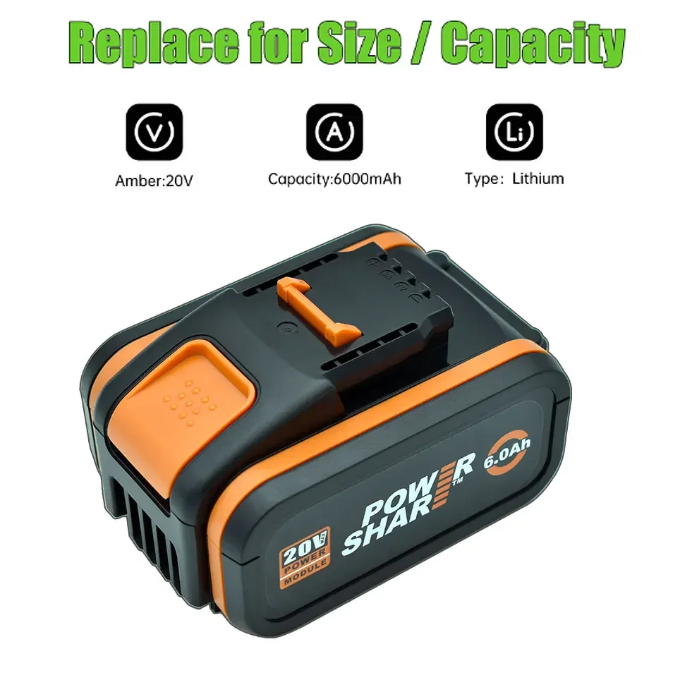 For 20V Battery 6000mah Li-ion for Worx WX390/WX176/WX166.4/WX372.1 WX800/WX678/WX550/WX532/WG894E WG629E/WG329E/WG2