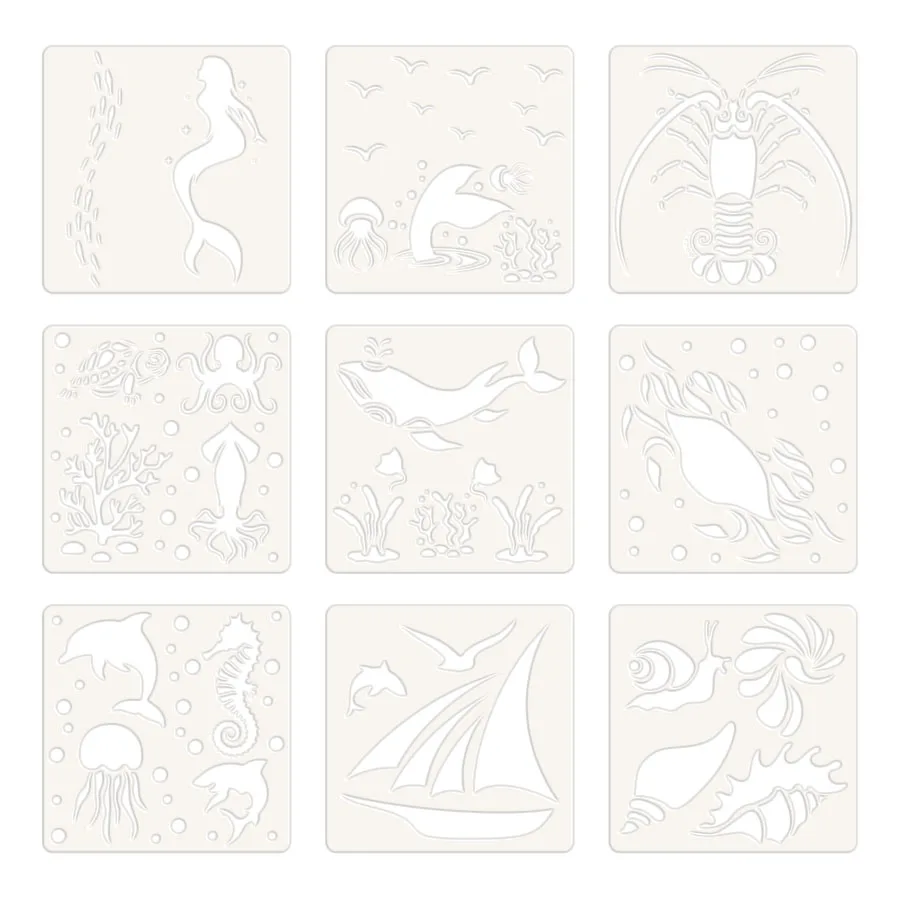 مجموعة استنسل حيوانات بحرية مكونة من 9 قطع مقاس 5.1 بوصة للرسم - قوالب رسم على شكل محيط قابلة لإعادة الاستخدام لديكور قماش خشبي للحائط