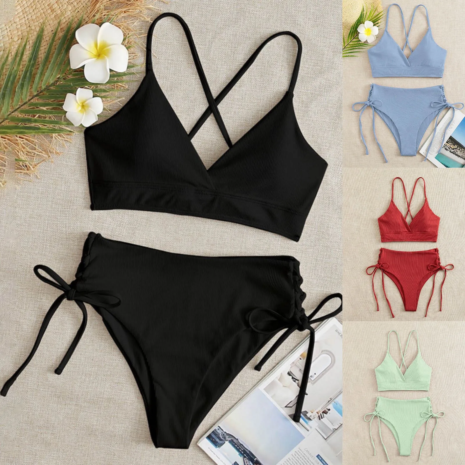 

Women's V Neck Separate Sexy Split Swimsuits With Big Breasts And Big Cups Solid Color High Waist Lace Up Swimwear Two Piece