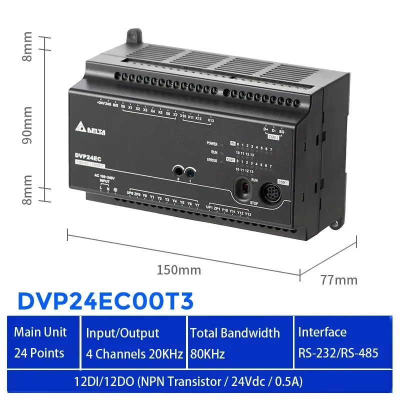 DVP24EC00T3 Programmable Logic Controller 12DI/12DO Transistor Output AC100-240V RS232 RS485 24 I/O PLC Module