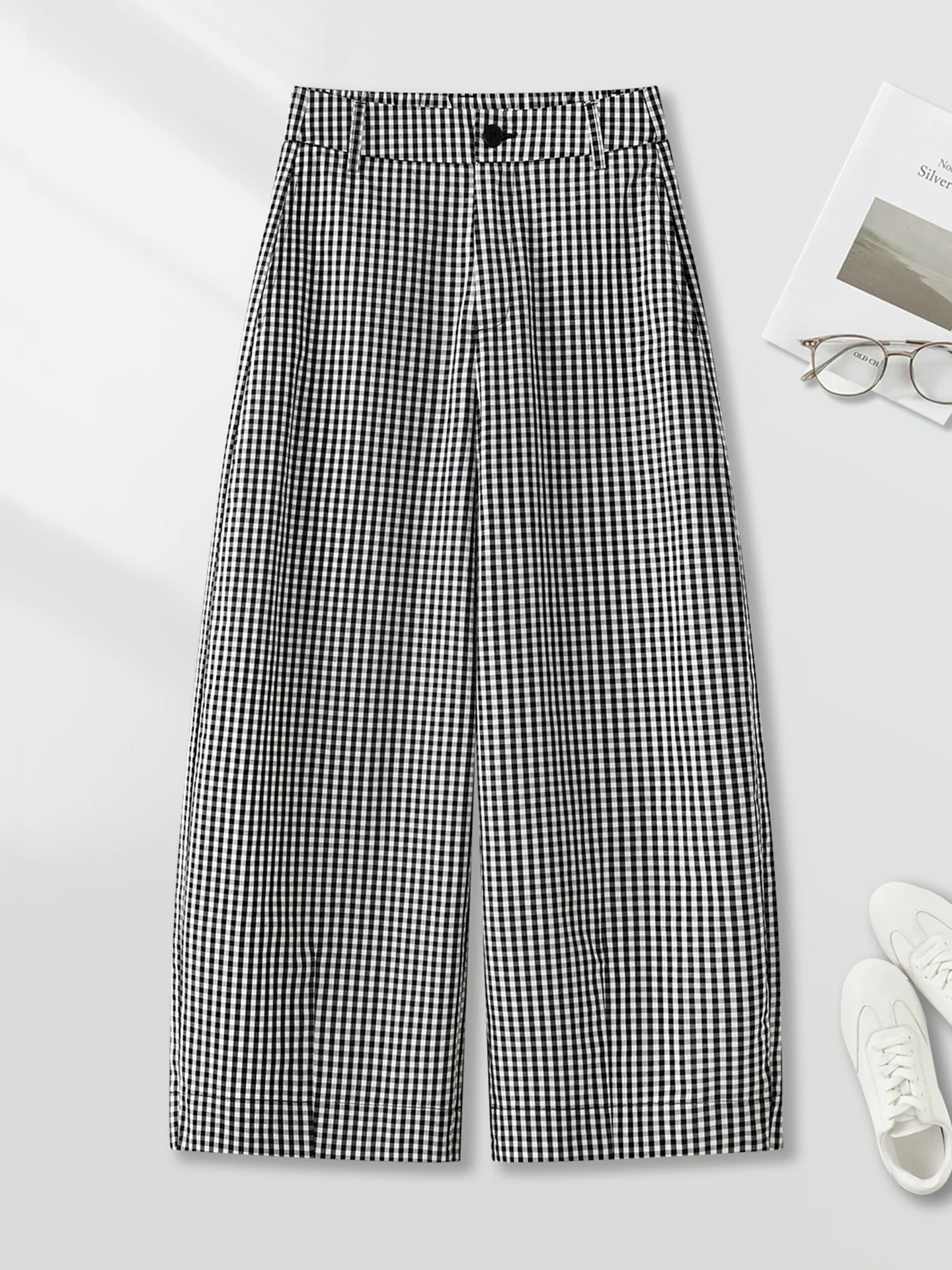 High Waist Loose Fit Summer Thin Checkered Wide Leg Pants Casual Style Knee-Length Women's Fashion Straight Cut Trousers