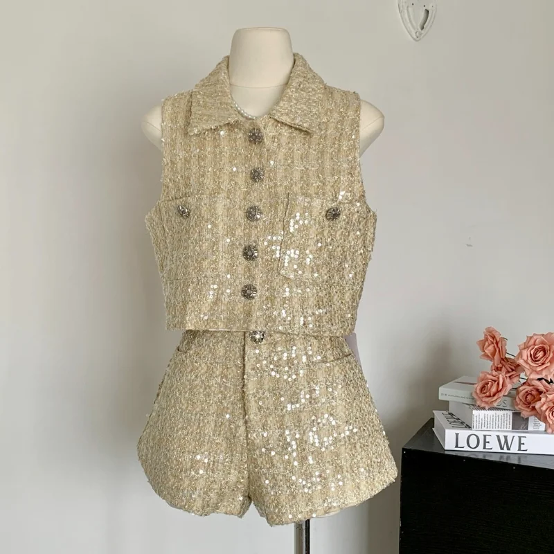 

High Quality Sequined Gold Tweed Women Suit Lapel Sleeveless Vest + Shorts Casual Chic Purple Small Fragrance Two-piece Lady Set