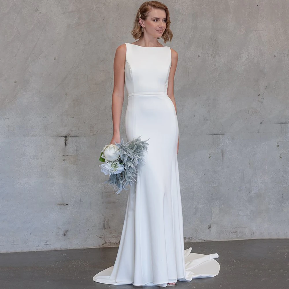 

Classic Scoop Neck Sleeveless Wedding Dress Jersey with Belt Mermaid Floor Length Sexy Bridal Open Back with Sweep Train Gowns