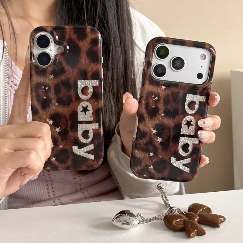 

Fashion Letter Leopard Print Phone Case For iPhone 17 Pro 16 15 Pro Max Cover with Cute Bowknot Pendant Shockproof Protective Ca