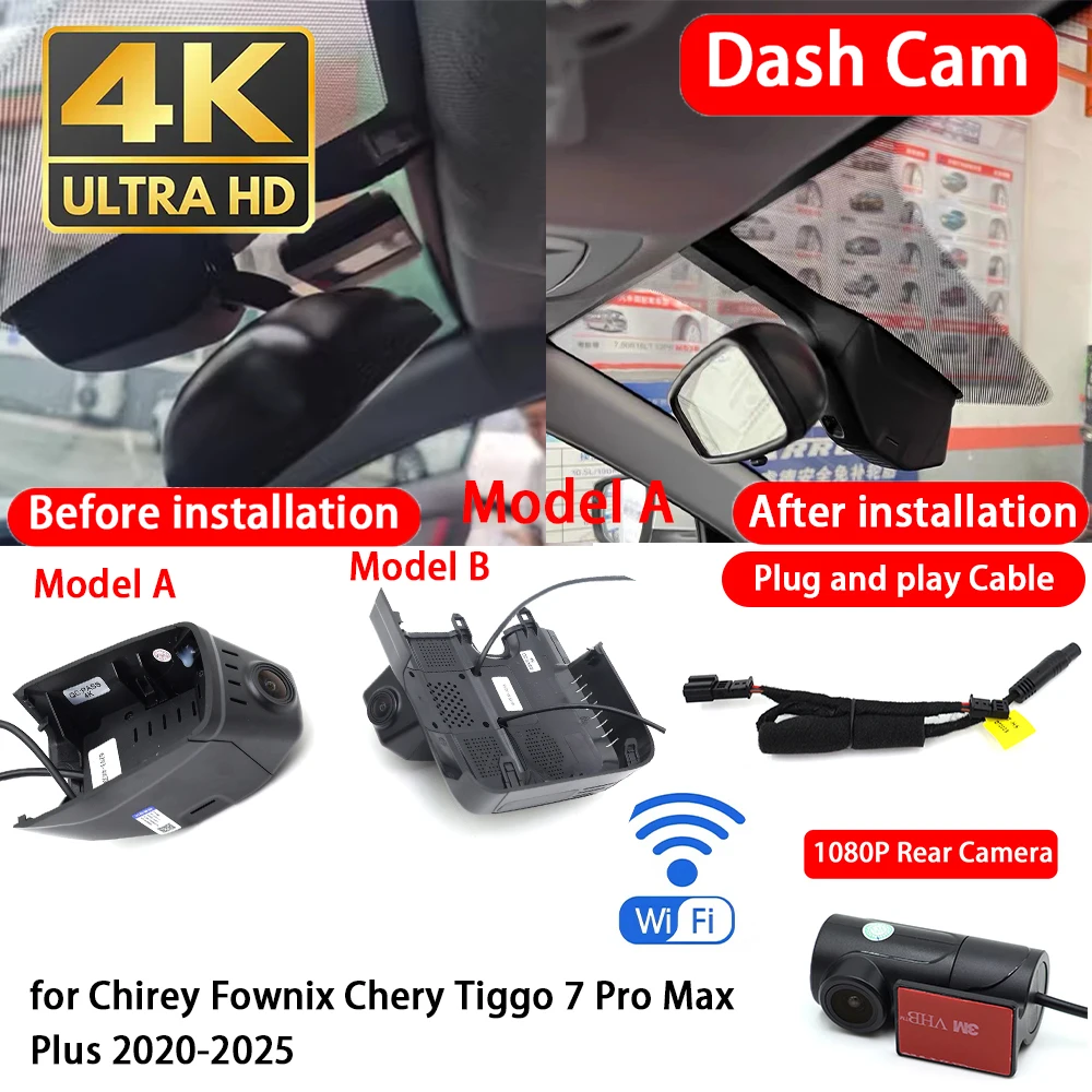 Cámara para Auto Chirey Fownix Chery Tiggo 7 Pro Max Plus 2020-2025, 4K 2160P, Delantera y Trasera, con Wifi, Plug & Play, Grabadora de Video