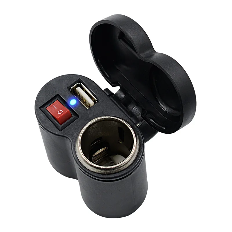 12V Motorcycle Dual USB Charger with Switch, Waterproof Cigarette Lighter Socket, Motorcycle Handlebar Clamp