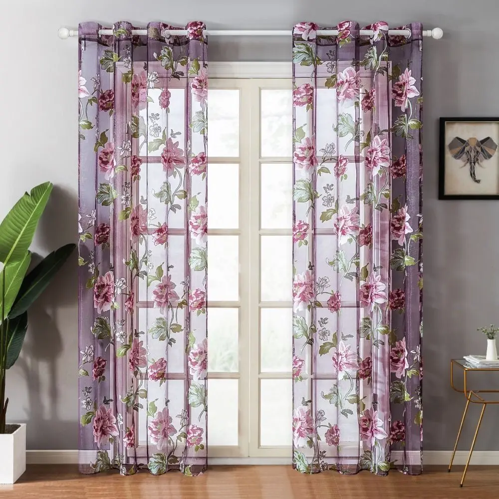 Floral Window Curtains High-end Polyester Hotel Supplies Peony Voile Curtain Sheer Tulle Home Decoration Curtain Living Room