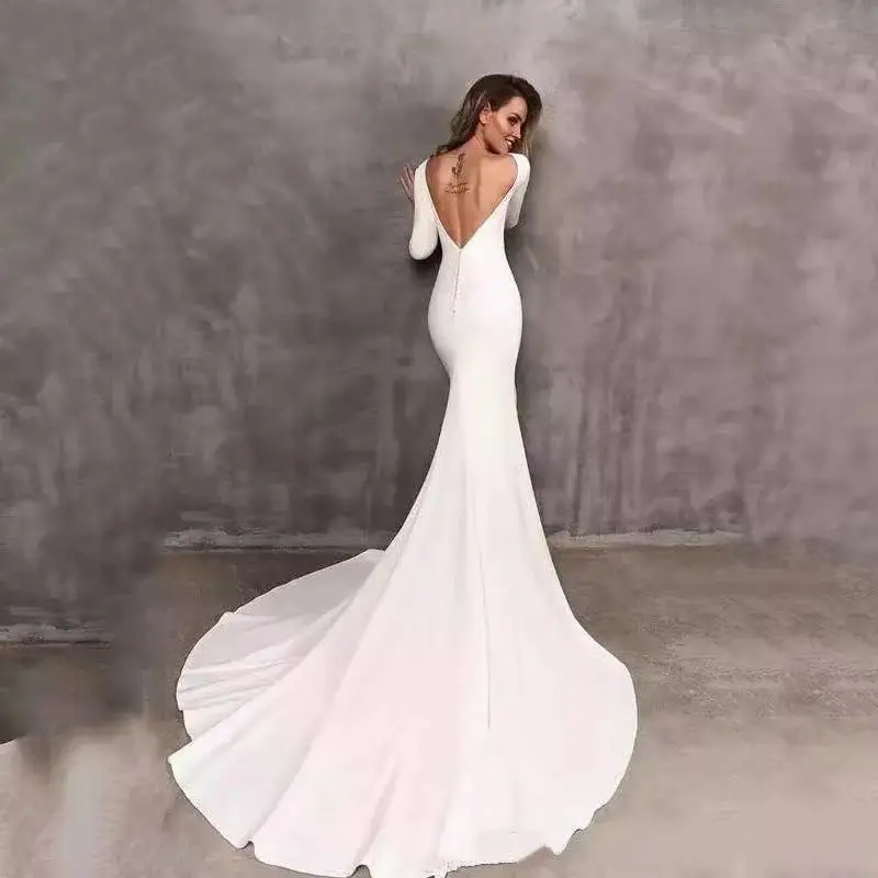 Vestido de novia sencillo de sirena, prenda de novia con mangas largas ajustadas y Espalda descubierta, con botones de marfil