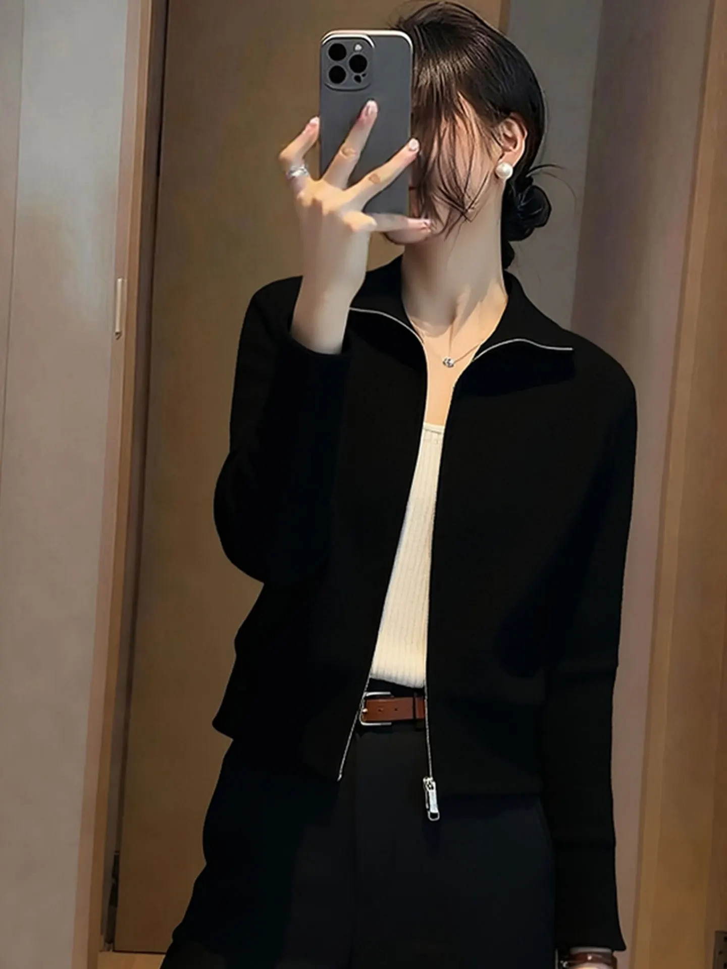 Coréen Sle Long Sve Camere fermeture éclair tricoté ouvert Cardigan hiver trajet polyvalent vêtements d'extérieur pull haut pour les femmes