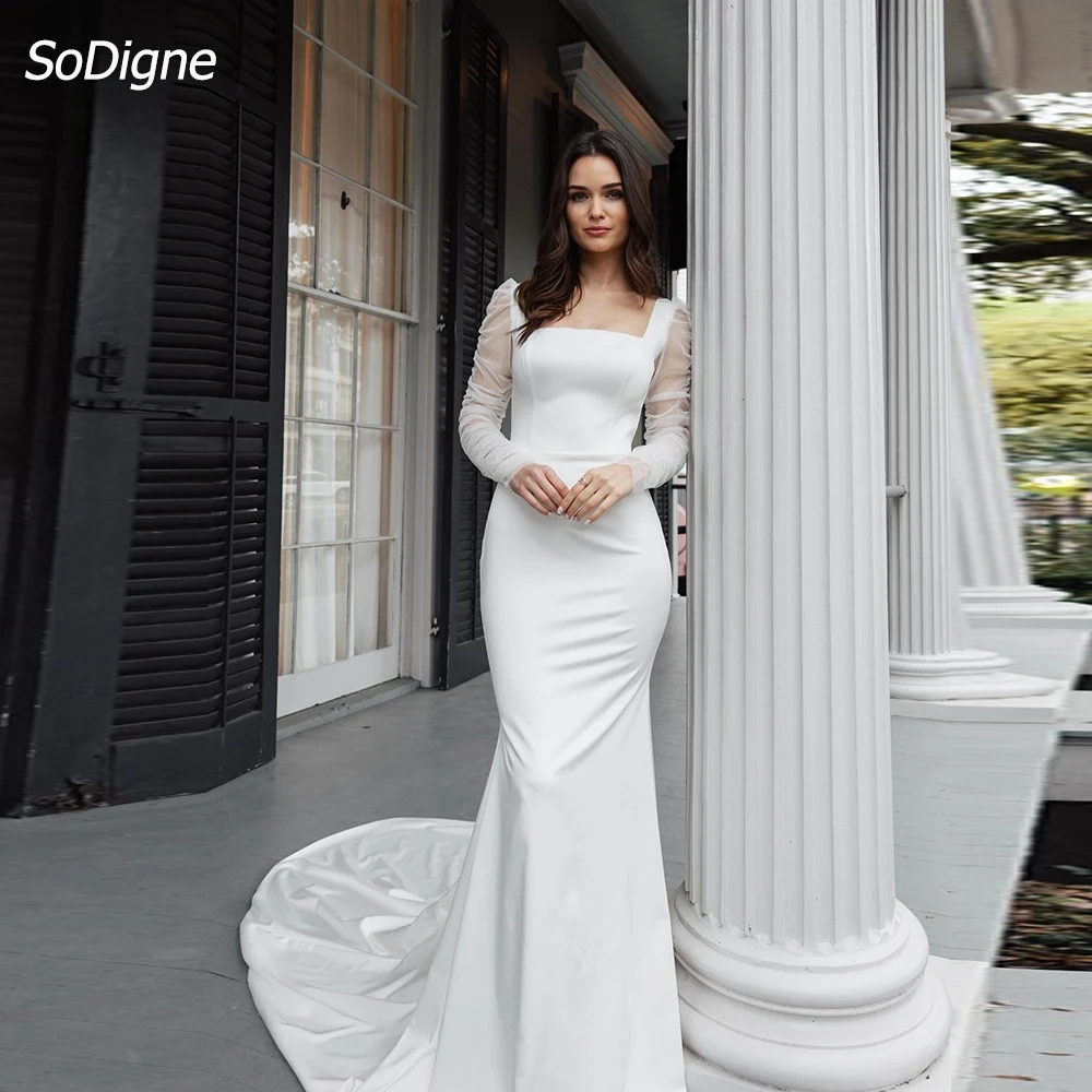 

SoDigne Mermaid Simple Satin Bride Dresses Square Collar Full Sleeves Wedding Dress Long Bridal Gowns vestidos de novia 2024