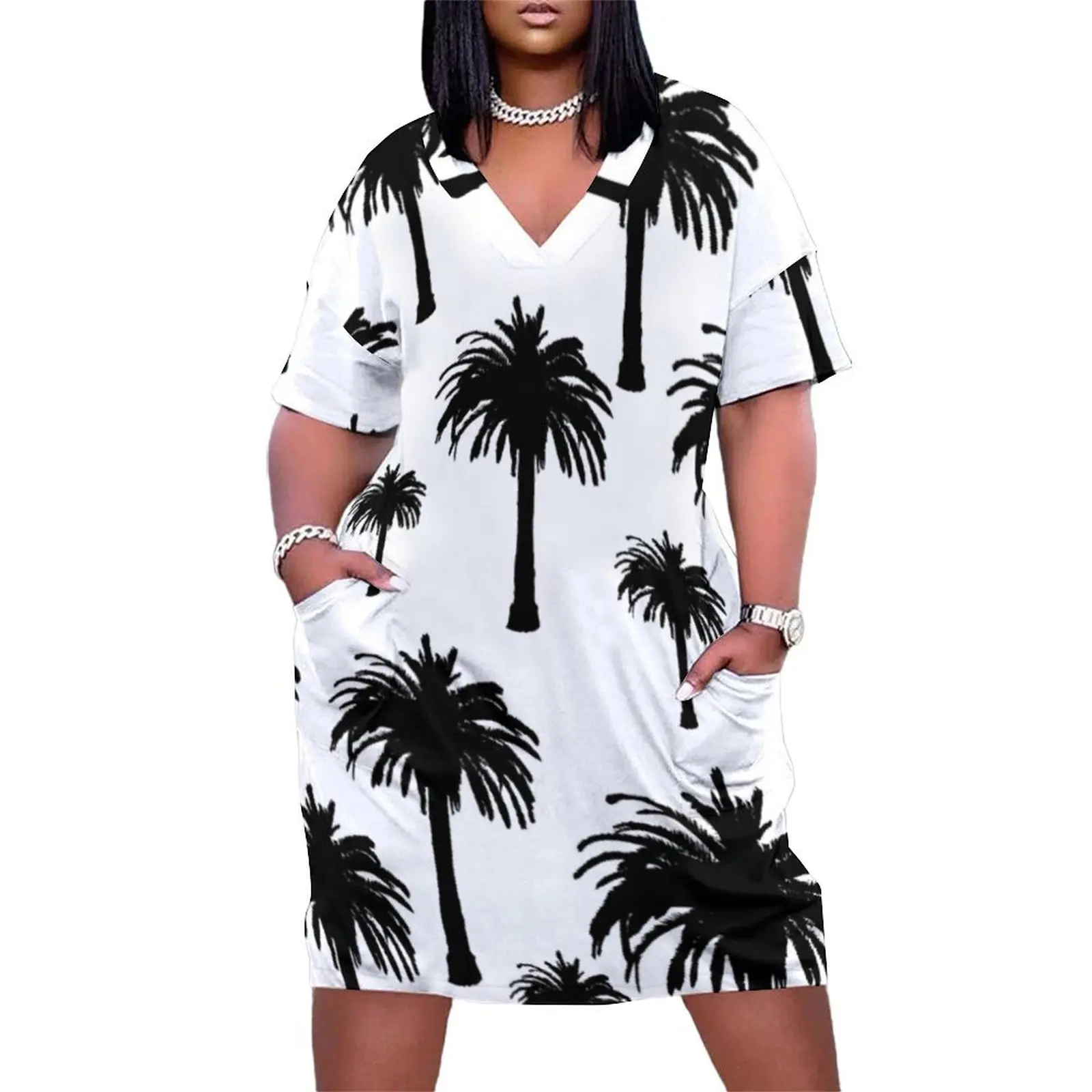 

Black and White Palm Tree Print Loose Pocket Dress elegant guest wedding dress women"s summer dress 2024 Aesthetic clothing