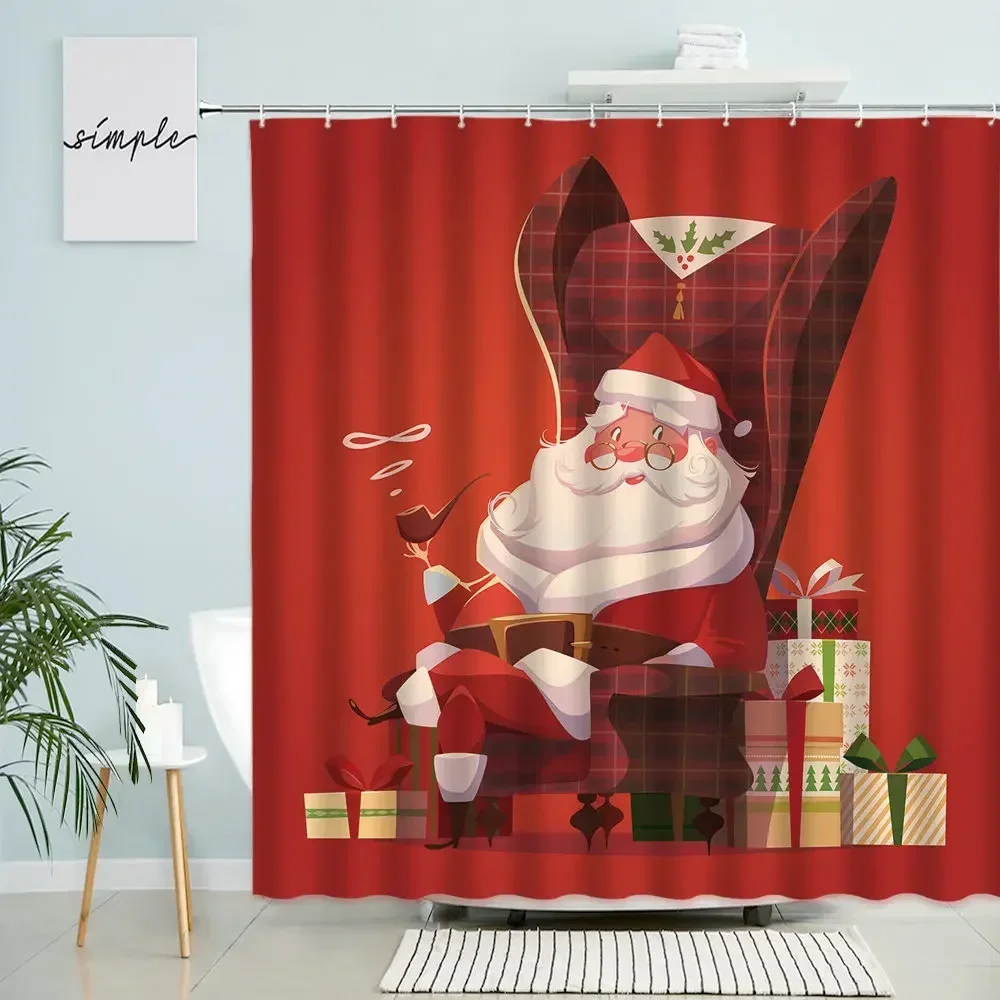 Cartoon Santa Shower Curtain Merry Christmas Red Theme Kid Child Bathroom Waterproof Polyester Curtains Home Decor Holiday Gifts