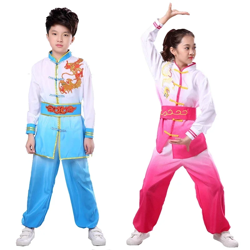 Costume tradizionale cinese Wushu Kid Kungfu Tai Chi Abiti Shaolin Arti marziali Uniformi per spettacoli teatrali per ragazze dei ragazzi MN4