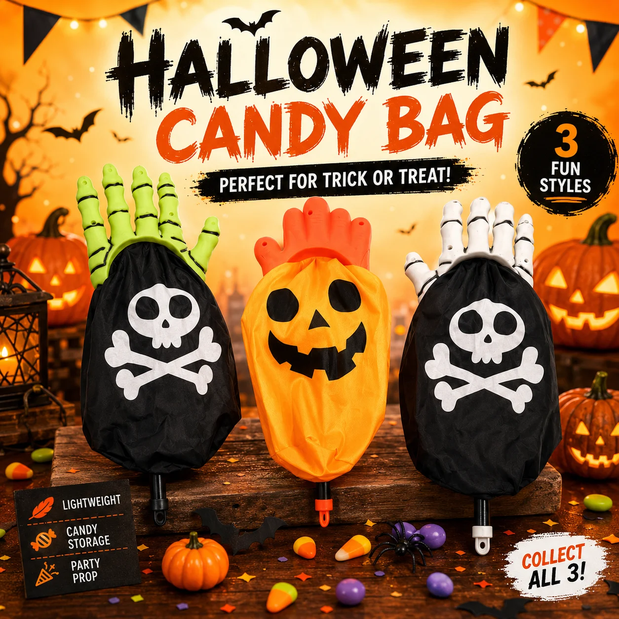 1 unidad Bolsa con cordón para dulces de Halloween con diseño de mano de esqueleto, 3 estilos, estampado de calabaza y calavera, bolsa de almacenamiento para dulces de Halloween, portátil, accesorio para bolsas de regalos de fiesta infantil