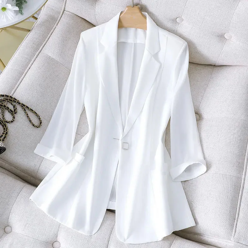 2022 Black Thin Women Suit Jacket Summer Half Sleeve White Slim Female Blazers Elegant Chic Women Fashion Blazer Coat