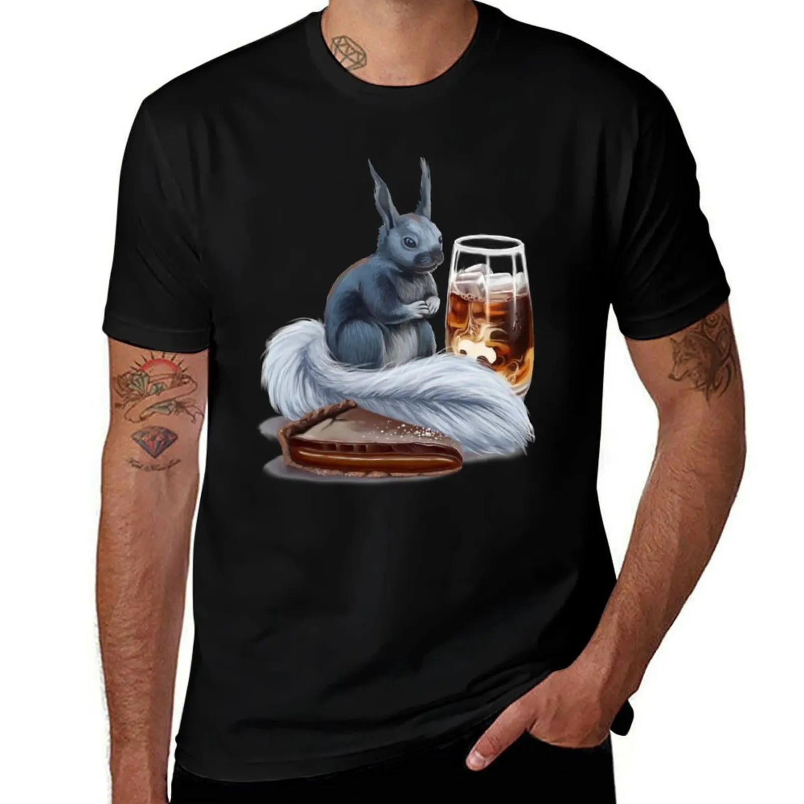 Café helado, una tarta de chocolate con caramelo salado y una camiseta con estampado de ardilla Kaibab, camiseta con estampado de estilo moderno